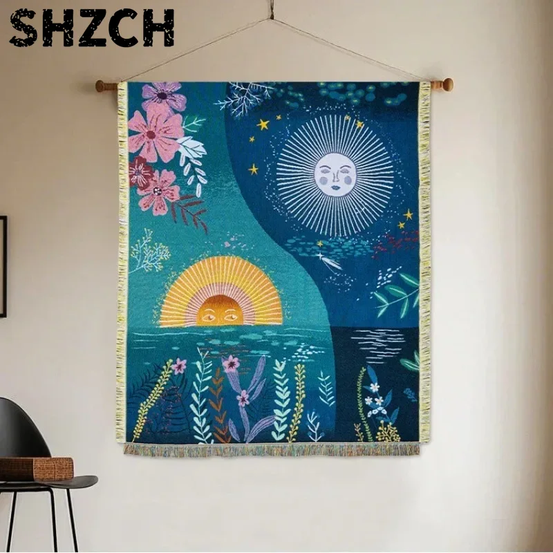 Boho Throw Blanket Fringe - نسيج جداري منسوج بتصميم الشمس والقمر،