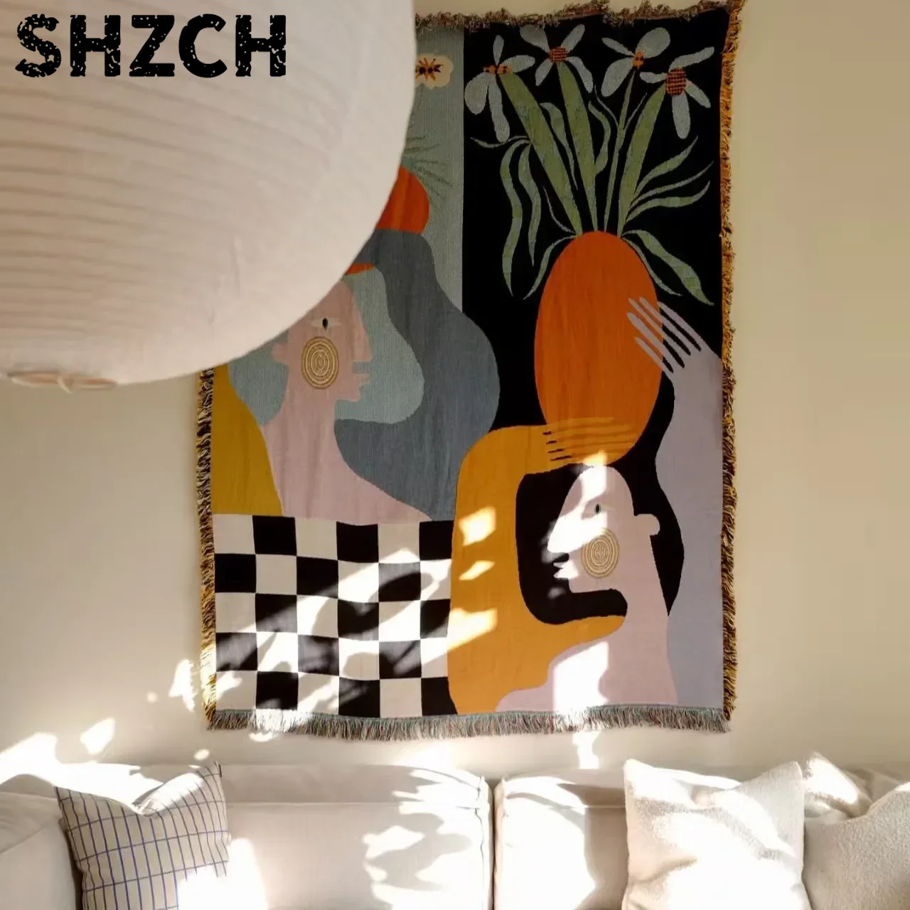 Boho Throw Blanket Fringe - نسيج جداري بوهيمي منسوج بنقشة جاكار