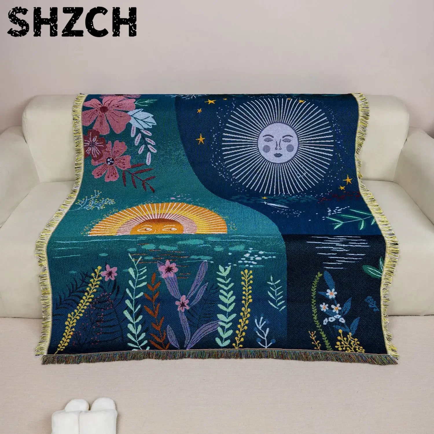 نسيج جداري منسوج بتصميم الشمس  - مراجعة Boho Throw Blanket Fringe وسعره
