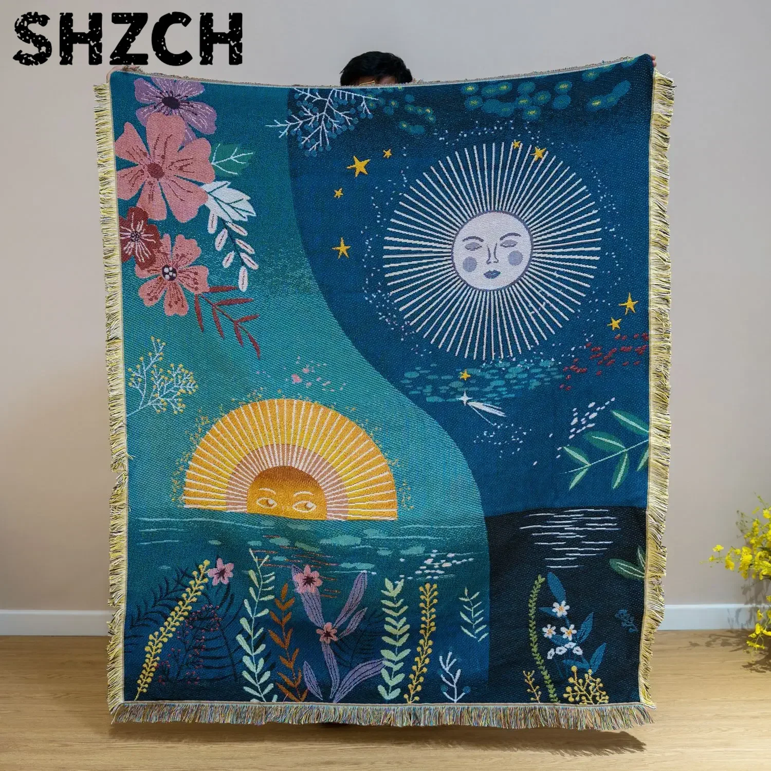 نسيج جداري منسوج بتصميم الشمس  - مراجعة Boho Throw Blanket Fringe وسعره